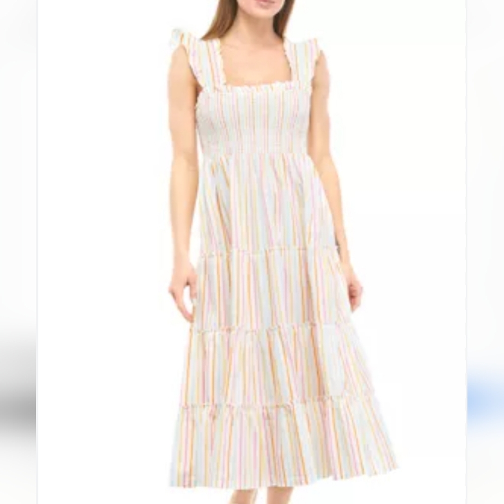 Womans Rainbow Striped Smocked Maxi Beach Tiered Summer Dress L New Tags Crown